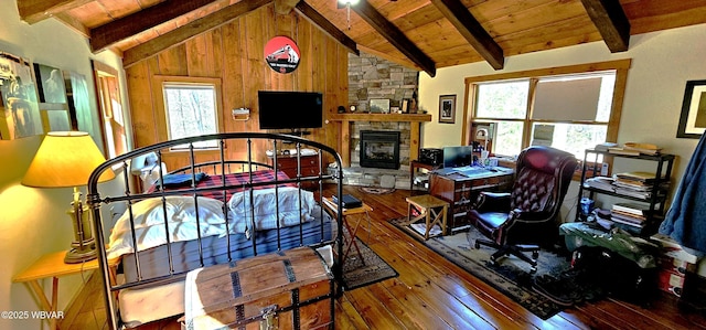 home office with hardwood / wood-style floors, a fireplace, healthy amount of natural light, and wooden ceiling