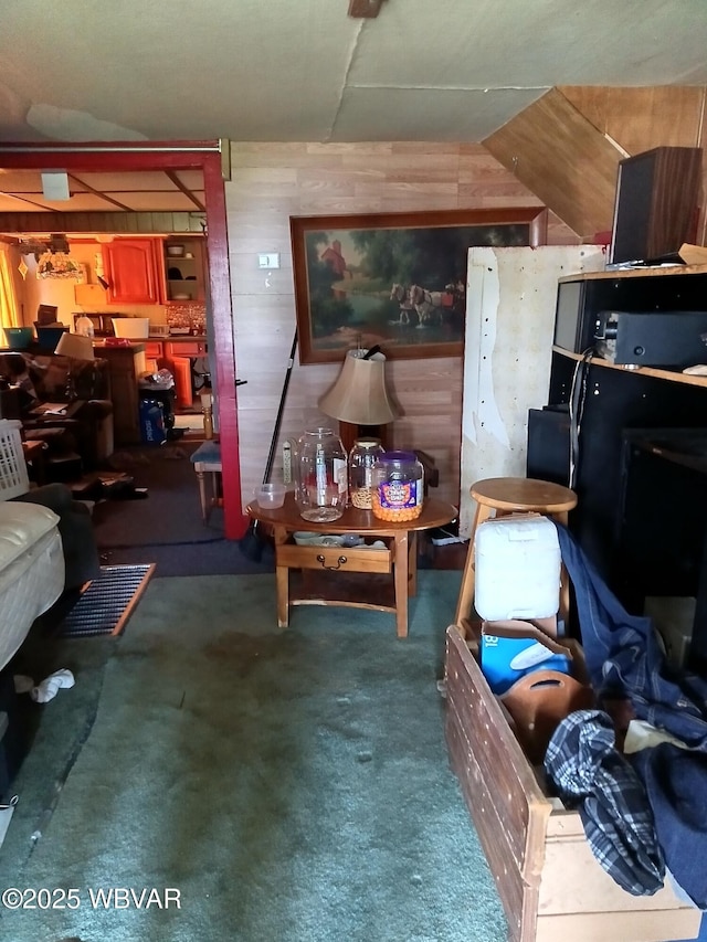 71 Hillcrest Dr, Towanda, PA 18848 - living room featuring wooden walls and carpet