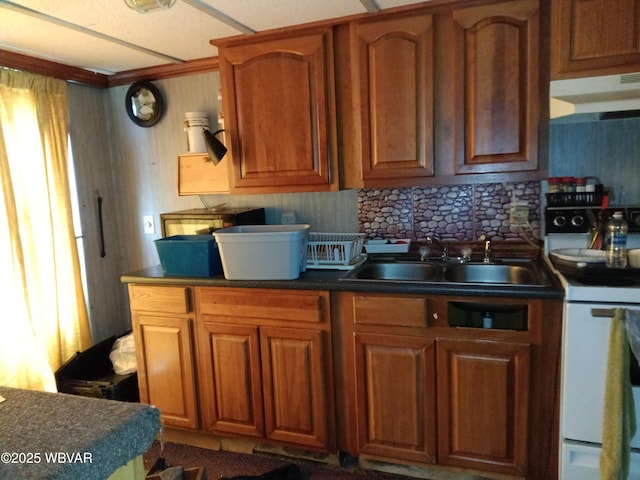 71 Hillcrest Dr, Towanda, PA 18848 - kitchen featuring under cabinet range hood, white electric stove, tasteful backsplash, and brown cabinets