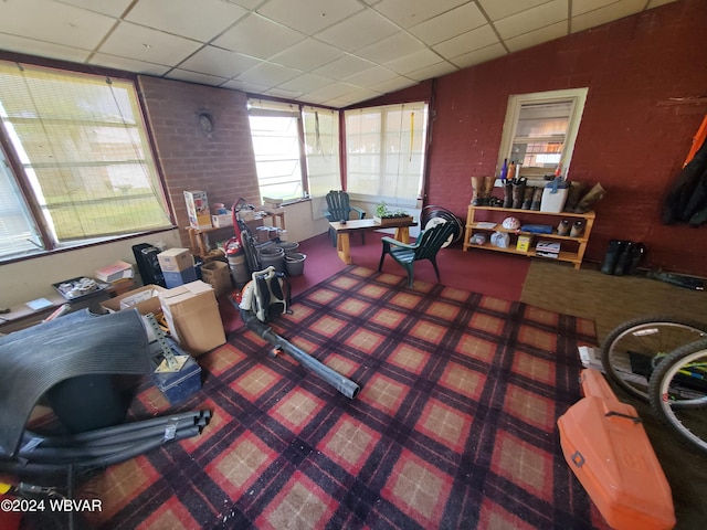 interior space with carpet and a paneled ceiling