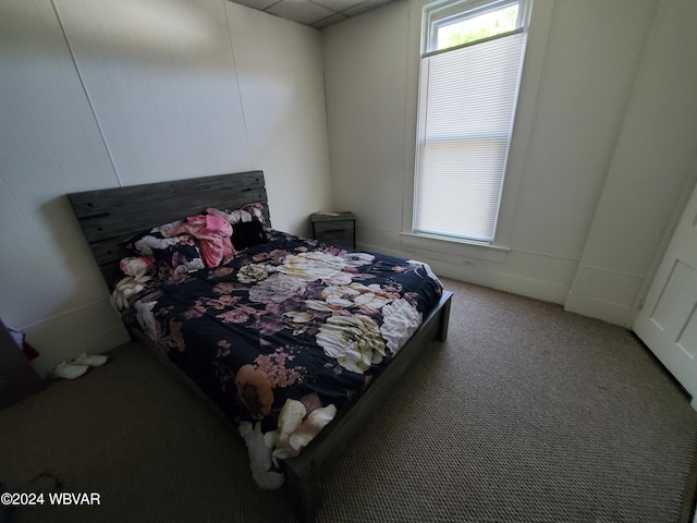 bedroom with light colored carpet