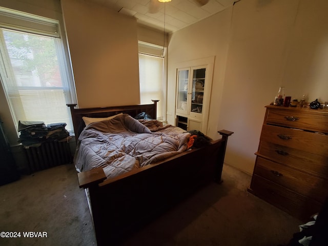 bedroom featuring dark colored carpet