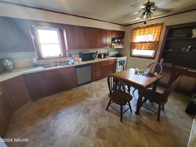 kitchen featuring ceiling fan, sink, stainless steel dishwasher, white electric stove, and ornamental molding