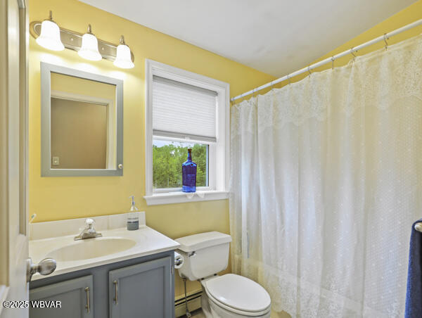 1498 Gainer Hill Rd, Dushore, PA 18614 - bathroom featuring vanity, a baseboard heating unit, and a shower with curtain