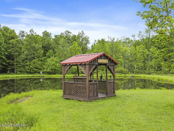 1498 Gainer Hill Rd, Dushore, PA 18614 - view of grassy yard featuring a water view, a view of trees, and a gazebo