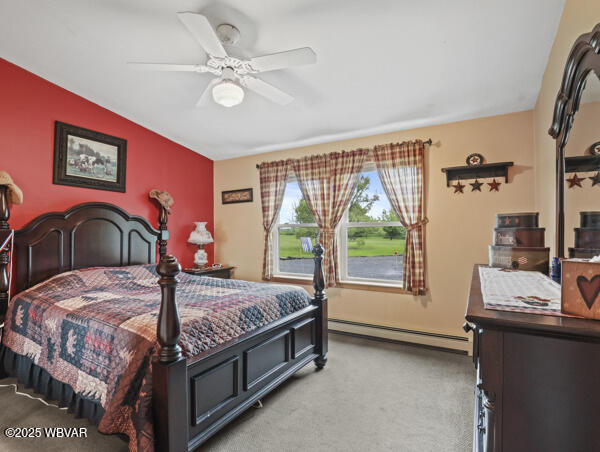 1498 Gainer Hill Rd, Dushore, PA 18614 - bedroom with light colored carpet, a baseboard heating unit, lofted ceiling, and a ceiling fan