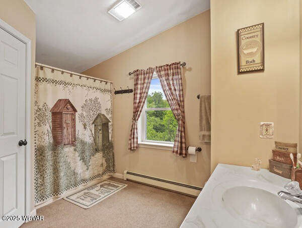 1498 Gainer Hill Rd, Dushore, PA 18614 - bathroom with baseboard heating and a sink