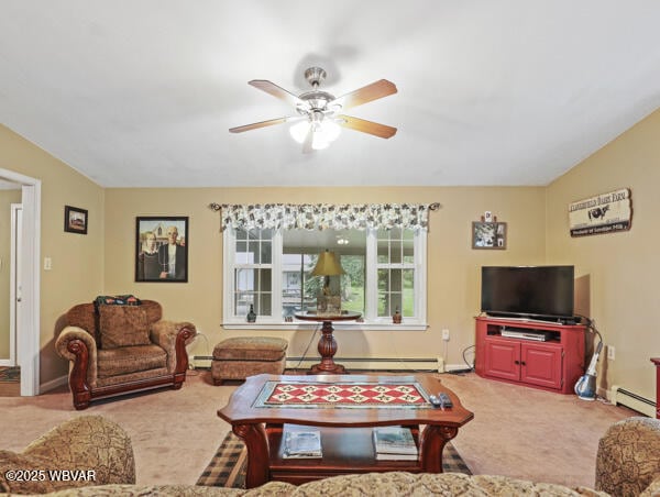 1498 Gainer Hill Rd, Dushore, PA 18614 - carpeted living area featuring a ceiling fan, baseboard heating, and a baseboard heating unit