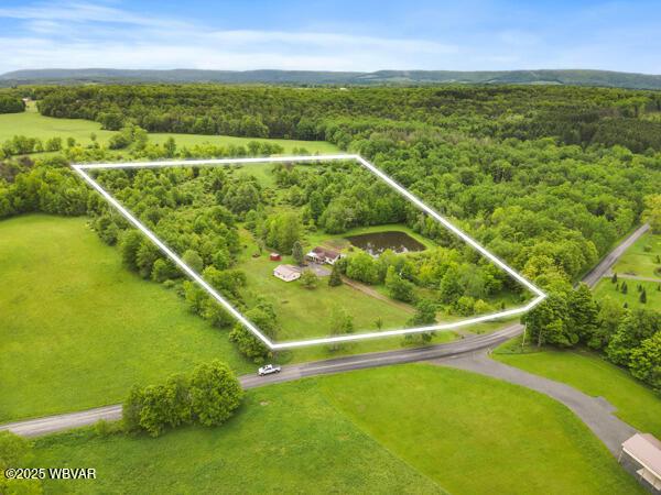 1498 Gainer Hill Rd, Dushore, PA 18614 - aerial view of property and surrounding area featuring property boundaries highlighted and a forest