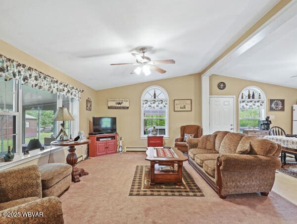1498 Gainer Hill Rd, Dushore, PA 18614 - living area with vaulted ceiling, carpet floors, ceiling fan, and baseboard heating