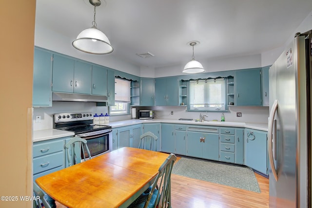 kitchen featuring appliances with stainless steel finishes, hanging light fixtures, open shelves, and under cabinet range hood