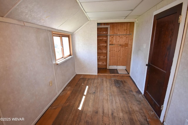 interior space with dark wood-type flooring and lofted ceiling