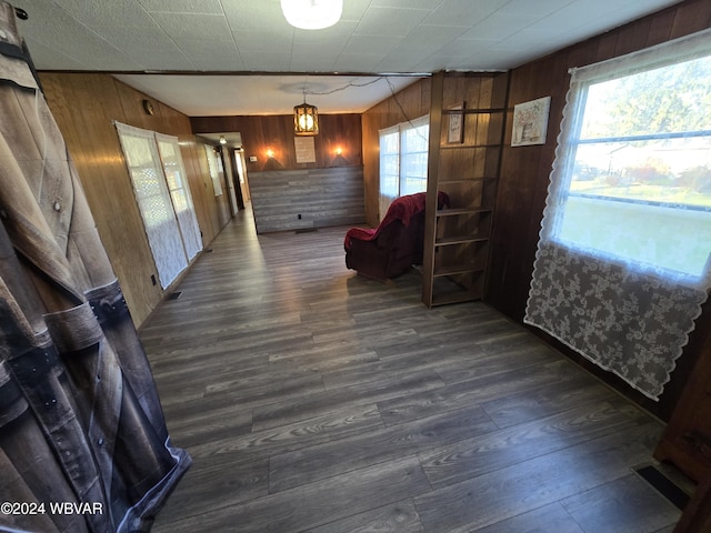 sitting room with dark hardwood / wood-style flooring and wooden walls