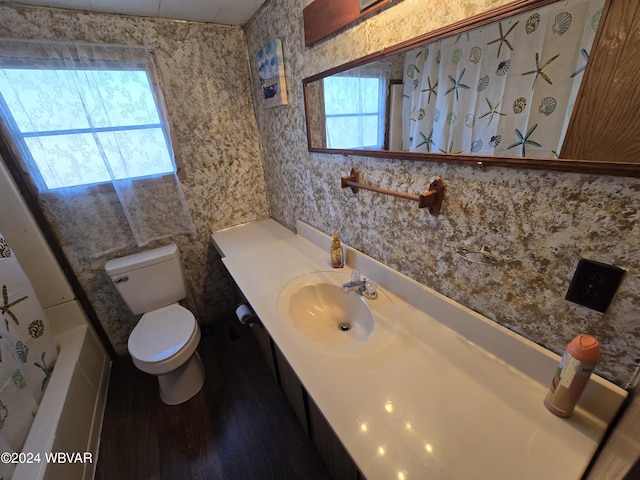 full bathroom featuring vanity, toilet, wood-type flooring, and a wealth of natural light