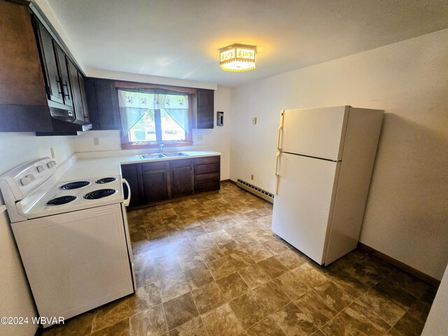 kitchen with dark brown cabinets, sink, white appliances, and baseboard heating