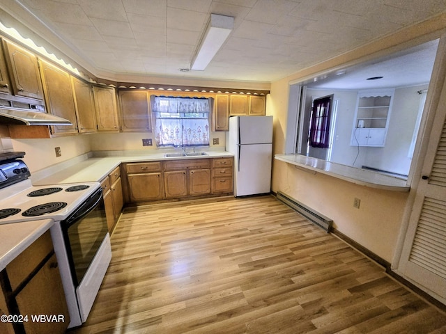 kitchen with fridge, baseboard heating, light hardwood / wood-style flooring, and range with electric stovetop