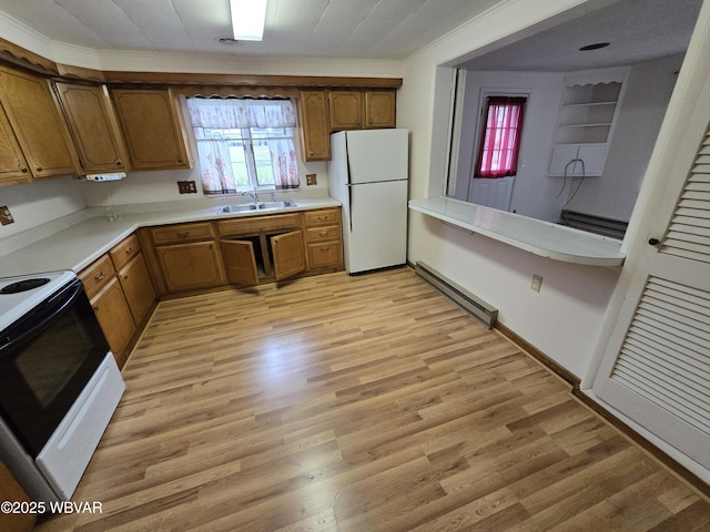 kitchen with sink, ornamental molding, light hardwood / wood-style floors, baseboard heating, and white appliances