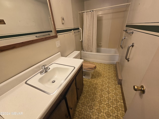 full bathroom with shower / tub combo, vanity, and toilet