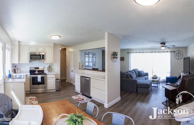 143 Hillside Dr S, Williamsport, PA 17702 - living area with baseboards, dark wood-style flooring, ceiling fan, and a wealth of natural light