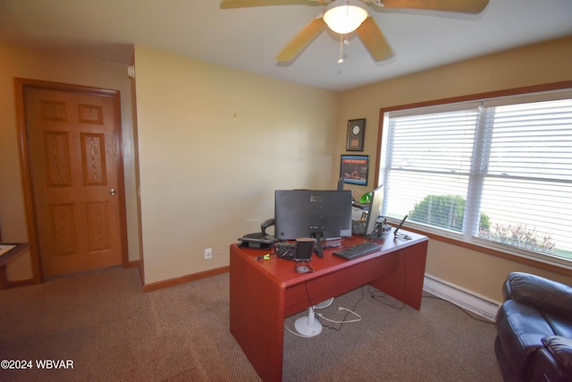 carpeted office featuring a baseboard radiator and ceiling fan