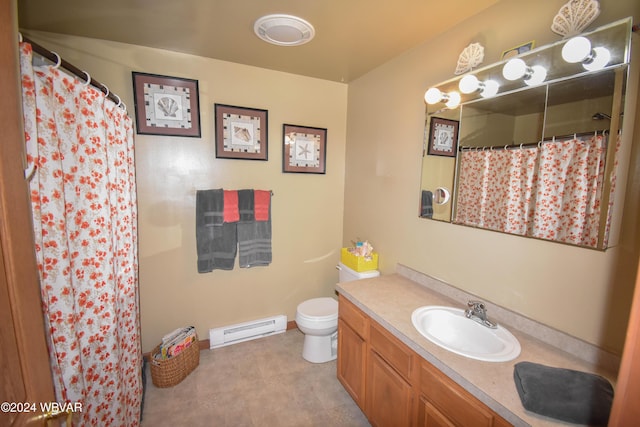 bathroom with a shower with shower curtain, vanity, a baseboard radiator, and toilet