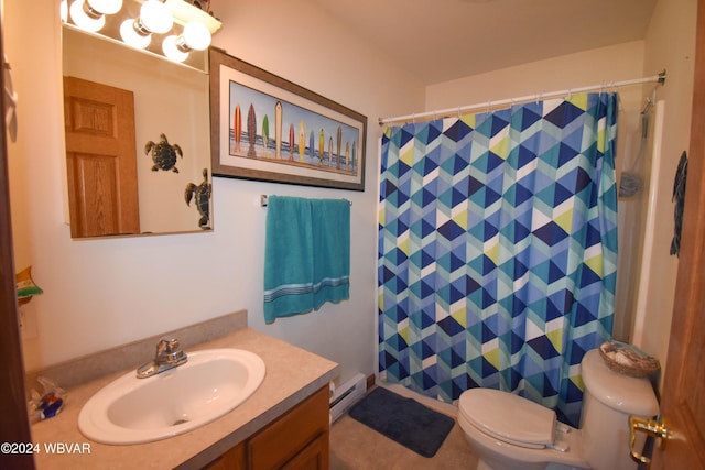 bathroom featuring a shower with curtain, vanity, toilet, and baseboard heating