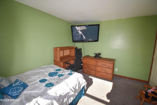 bedroom with dark colored carpet