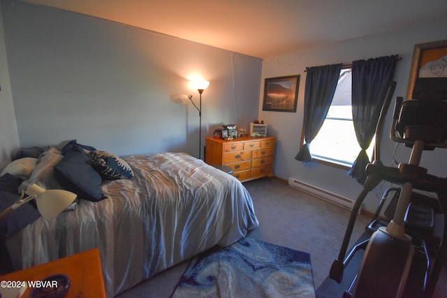 carpeted bedroom with a baseboard radiator