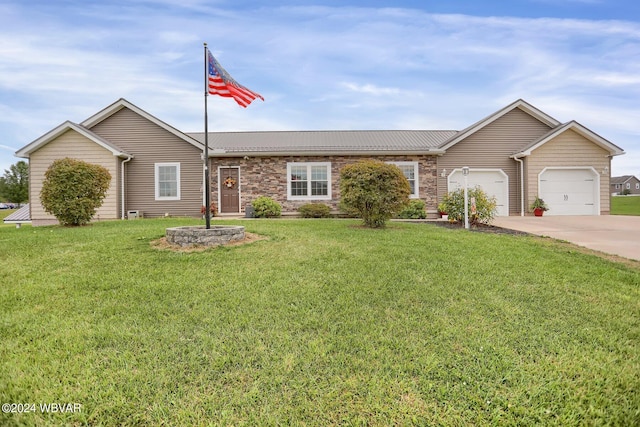 single story home featuring a garage and a front lawn