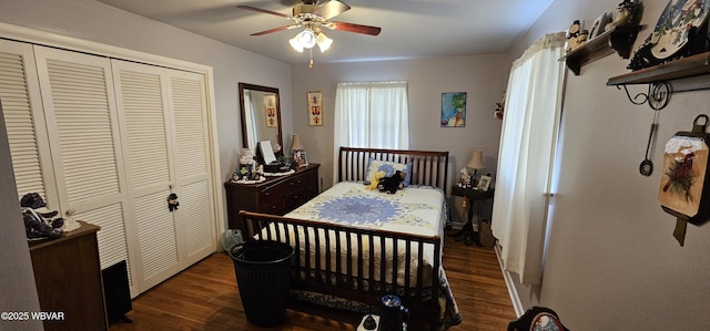 bedroom featuring dark hardwood / wood-style flooring, a closet, and ceiling fan