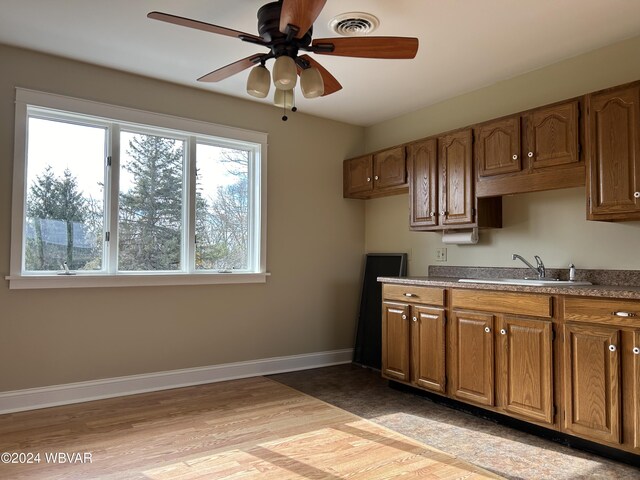 kitchen with sink, ceiling fan, and light wood-type flooring