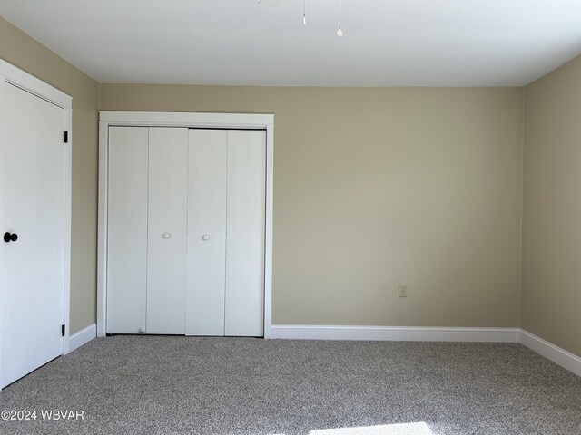 unfurnished bedroom featuring carpet flooring and a closet