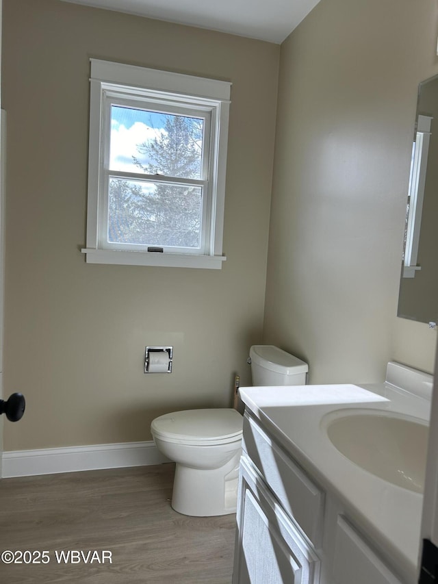 bathroom featuring vanity, wood-type flooring, and toilet