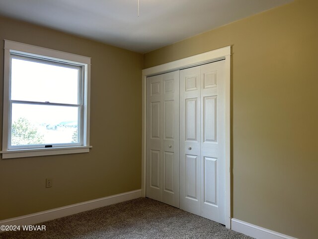 unfurnished bedroom with a closet and carpet