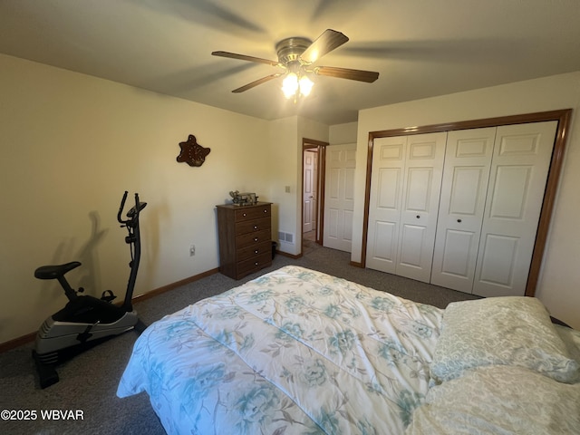 bedroom featuring visible vents, a closet, dark colored carpet, baseboards, and ceiling fan