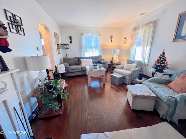 living room featuring plenty of natural light and dark hardwood / wood-style flooring