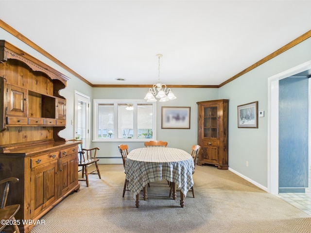 dining area featuring light colored carpet, baseboards, a chandelier, ornamental molding, and a baseboard heating unit