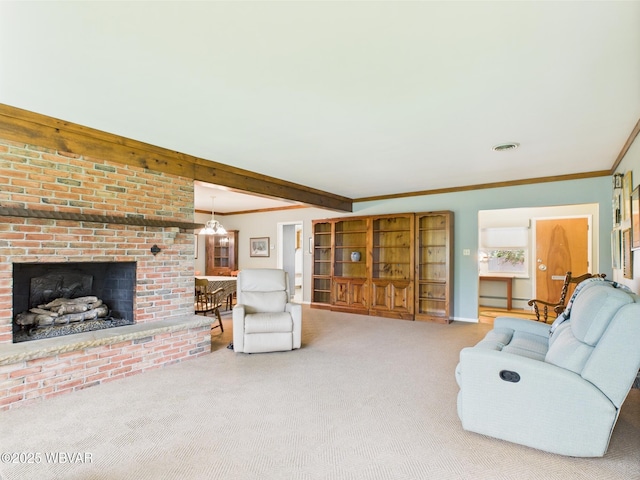 living area with carpet, crown molding, a fireplace, and beamed ceiling