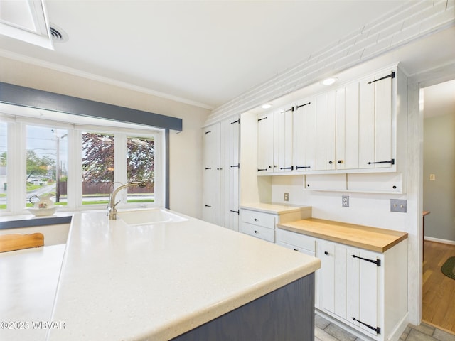 kitchen with a sink, white cabinets, and crown molding