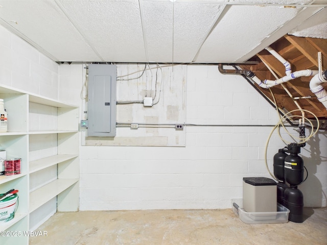 unfinished below grade area featuring electric panel and concrete block wall