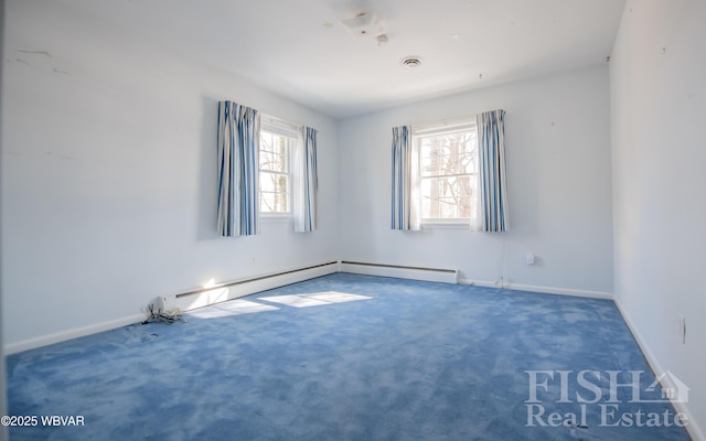 spare room featuring visible vents, baseboards, baseboard heating, and carpet flooring