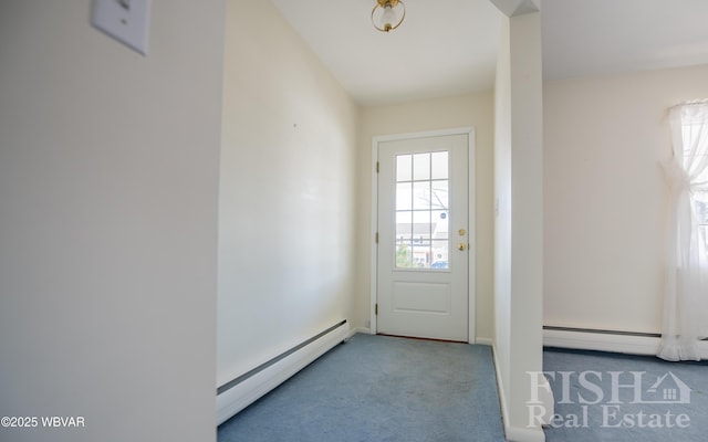 doorway with a baseboard radiator and light colored carpet