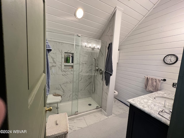 bathroom featuring lofted ceiling, toilet, a shower with door, vanity, and wood ceiling