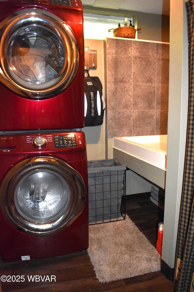 201 Richey St, Lock Haven, PA 17745 - washroom featuring stacked washer / drying machine and wood finished floors