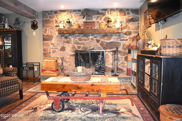 201 Richey St, Lock Haven, PA 17745 - living room featuring a stone fireplace