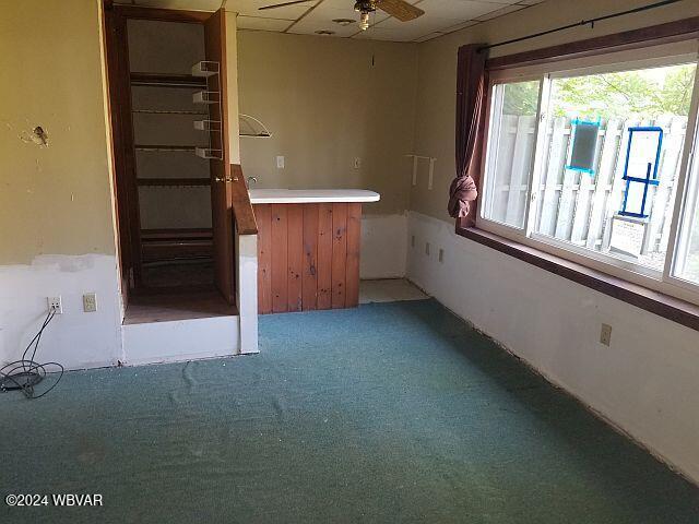 carpeted spare room featuring ceiling fan