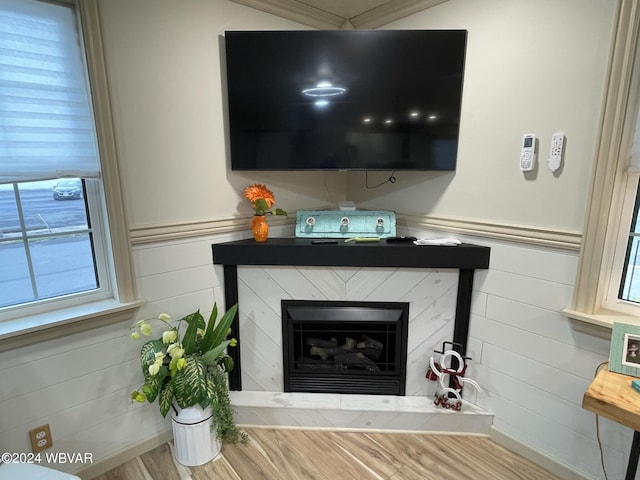 interior details with hardwood / wood-style floors, ornamental molding, and a high end fireplace