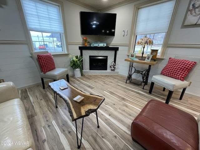 living room featuring a fireplace, light wood-type flooring, and crown molding