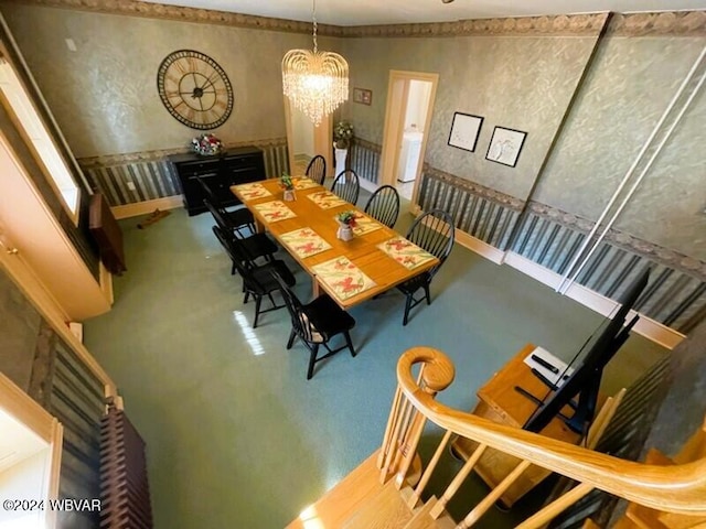 159 Harveys Ln, Milton, PA 17847 - carpeted dining room featuring a chandelier and baseboards