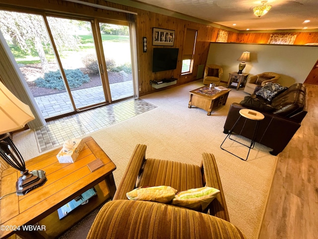 living room with wooden walls and hardwood / wood-style floors